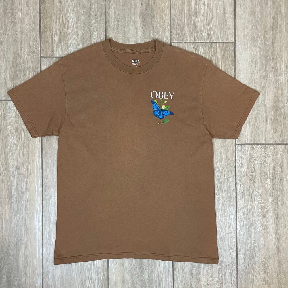 Obey Butterfly Graphic T Shirt Mens L Brown Streetwear Skate Logo Back Print